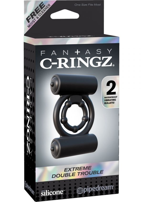 Fantasy C Ringz Extreme Double Trouble Vibrating Silicone Cockring Waterproof Black