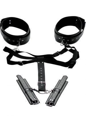 Master Series Acquire Easy Access Thigh Harness With Wrist Cuffs Black And Metal