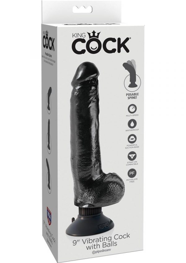 King Cock Vibrating Realistic Dildo With Balls Waterproof Black 9 Inch