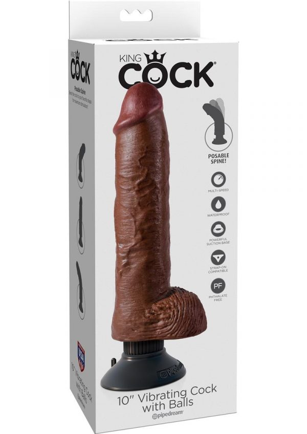 King Cock Vibrating Realistic Dildo With Balls Waterproof Brown 10 Inch