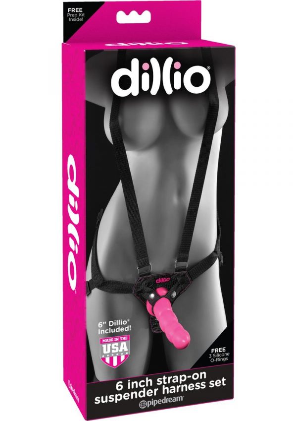 Dillio Strap-On Suspender Harness Set Black With Silicone Dong Pink 6 Inch