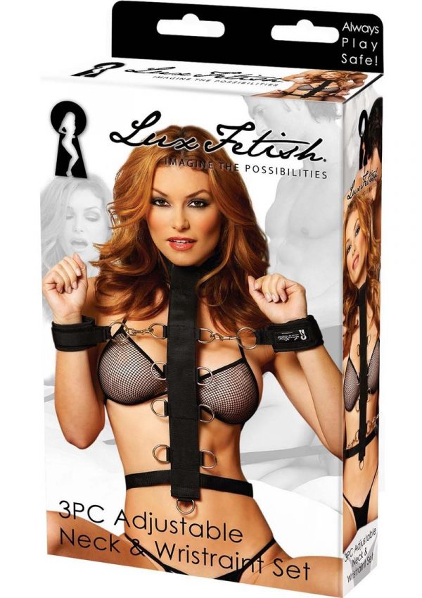 Lux Fetish Adjustable Neck and Wristraint Set 3 Piece Black