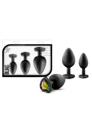 Luxe Bling Silicone Anal Plugs Trainer Kit Black With Rainbow Gems