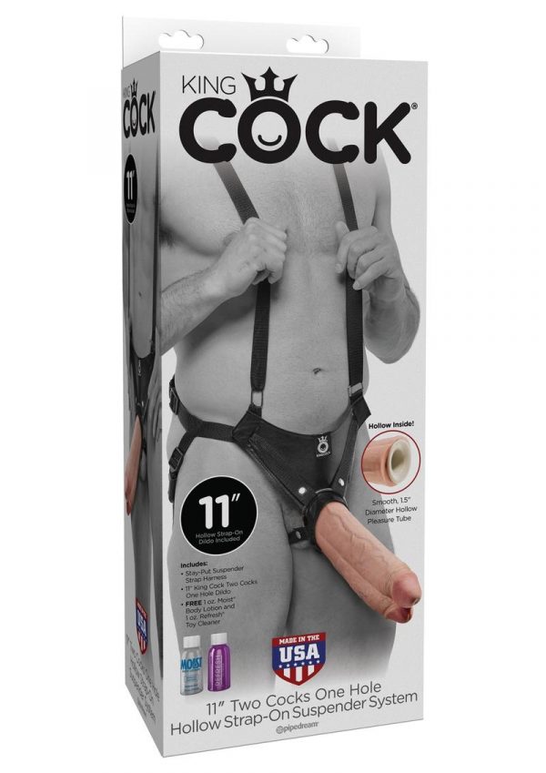 King Cock Two Cocks One Hole Hollow Strap-On Suspender System Adjustable Straps With Hollow Double Dong Flesh 11 Inch