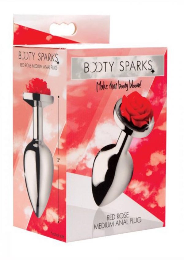 Booty Sparks Red Rose Medium Anal Plug Silver and Red 2.5 Inches