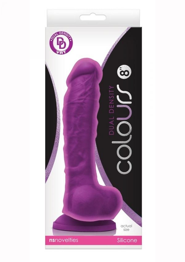 Colours Dual Density 8in Purple Silicone Dildo With Balls Realistic Non-Vibrating Suction Cup Base