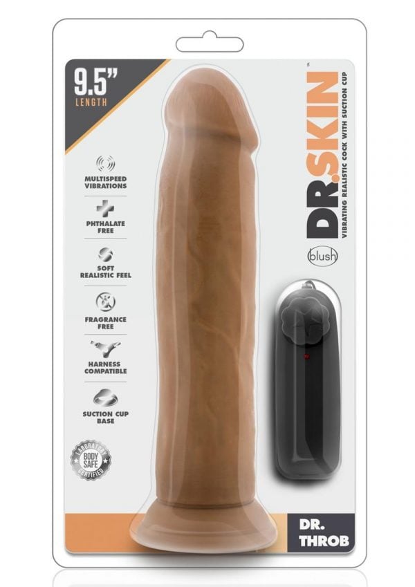 Dr Skin Dr Throb Dildo 9.5in Vibrating With Wired Remote - Caramel