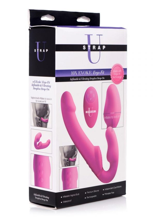 Strap U 10X Evoke Ergo -Fit Inflatable and Vibrating Strapless Strap-On USB Rechargeagle With Wireless Remote Control Pink 9.47 Inches
