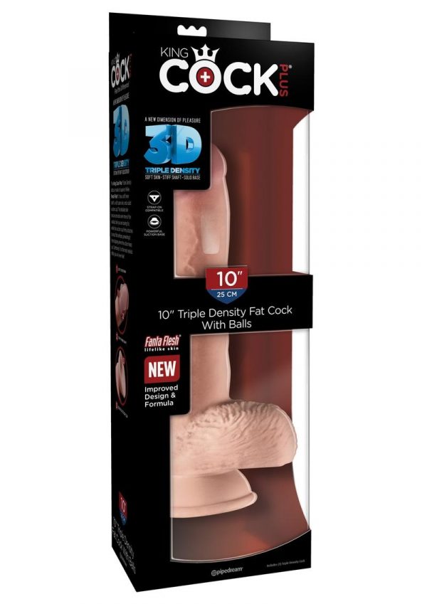 King Cock Plus 10 Inch Triple Density Fat Cock With Balls Strap On Compatible Non Vibrating Suction Cup Base Flesh