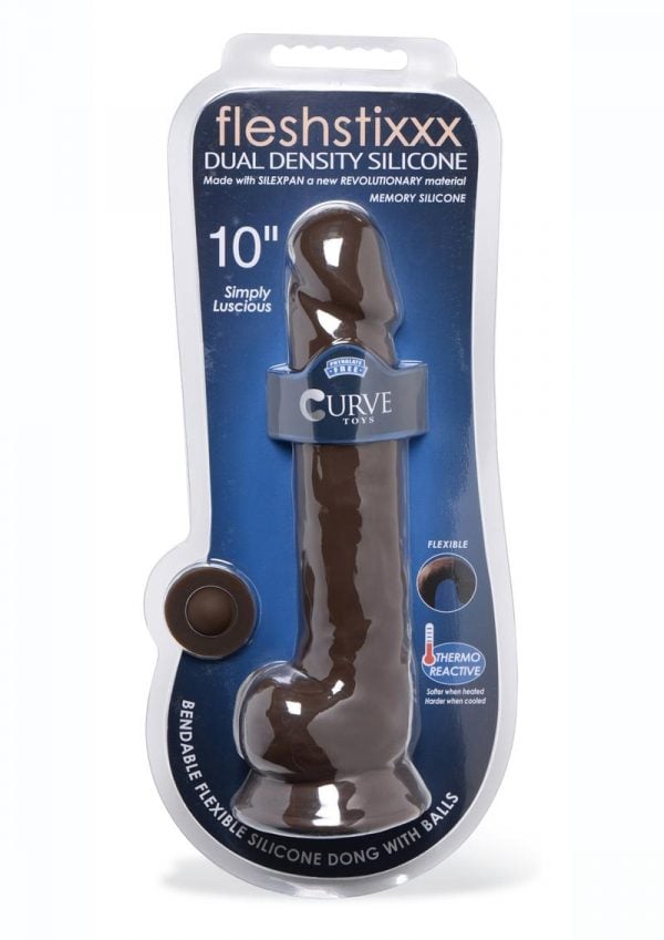 FleshStixxx Dual Density Silicone Bendable Dong With Balls 10in - Chocolate