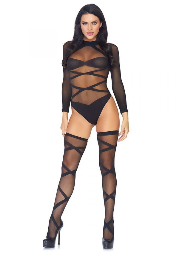 Leg Avenue Sheer Criss Cross Body Suit With Matching Thigh High 2pc - O/S - Black