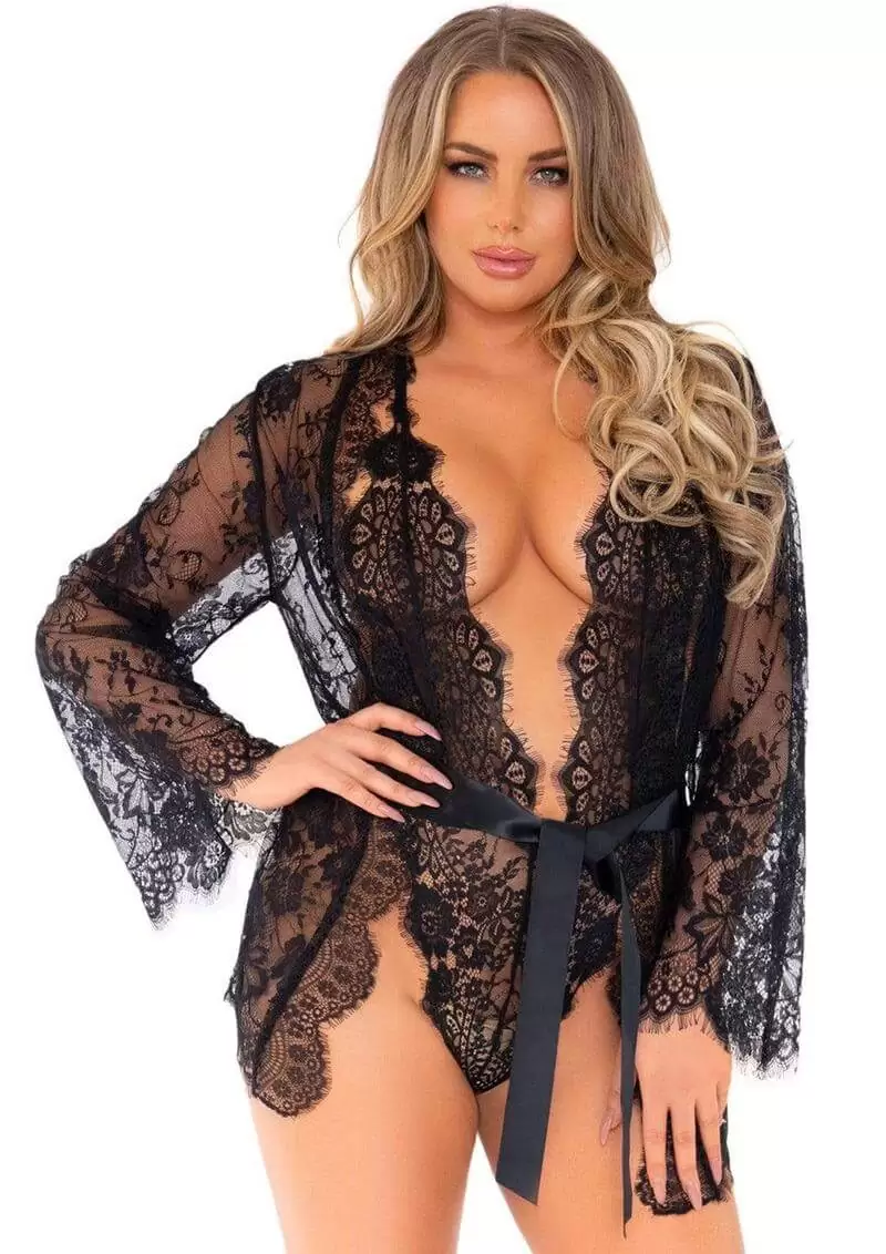 Matching Lace Robe With Scalloped Trim and Satin Tie (3 Piece) - Large - Black