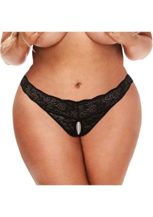Secret Kisses Lace andamp; Pearl Crotchless Thong - Queen - Black