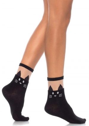 Leg Avenue Black Cat Opaque Anklet with Sheer Top - O/S - Black