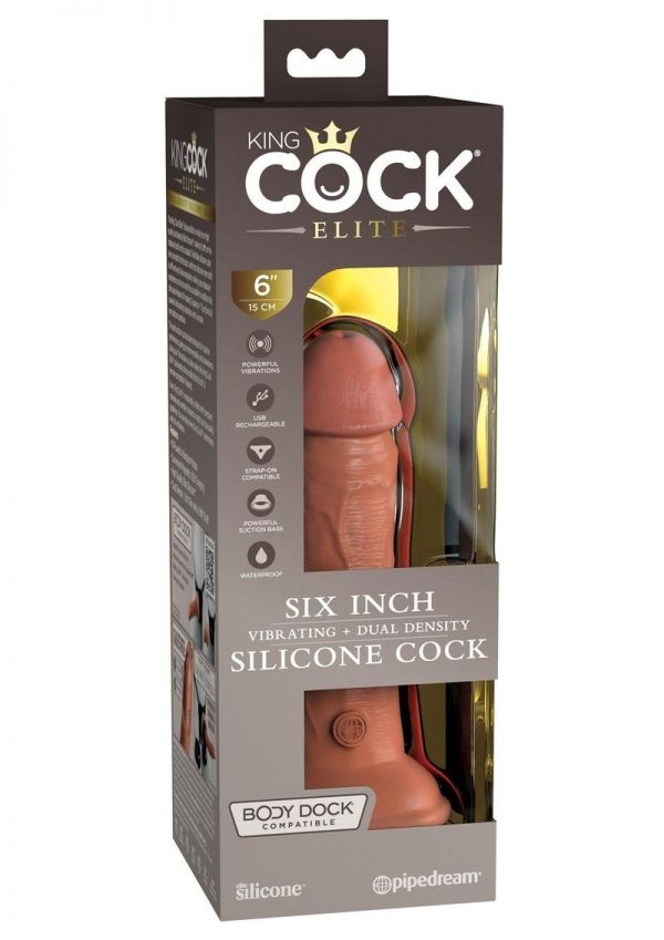 King Cock Elite Dual Density Vibrating Rechargeable Silicone Dildo with Remote Control Dildo 6in - Caramel