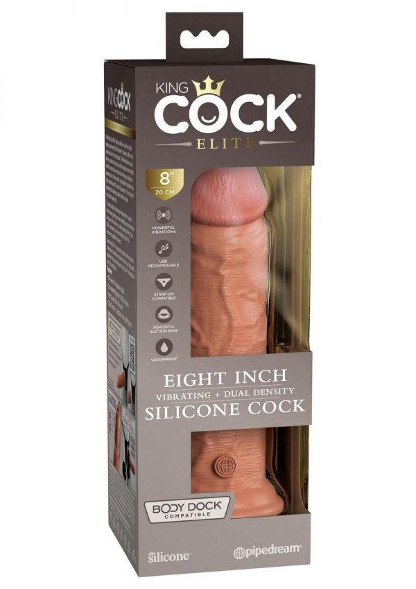 King Cock Elite Dual Density Vibrating Rechargeable Silicone Dildo with Remote Control Dildo 8in - Caramel