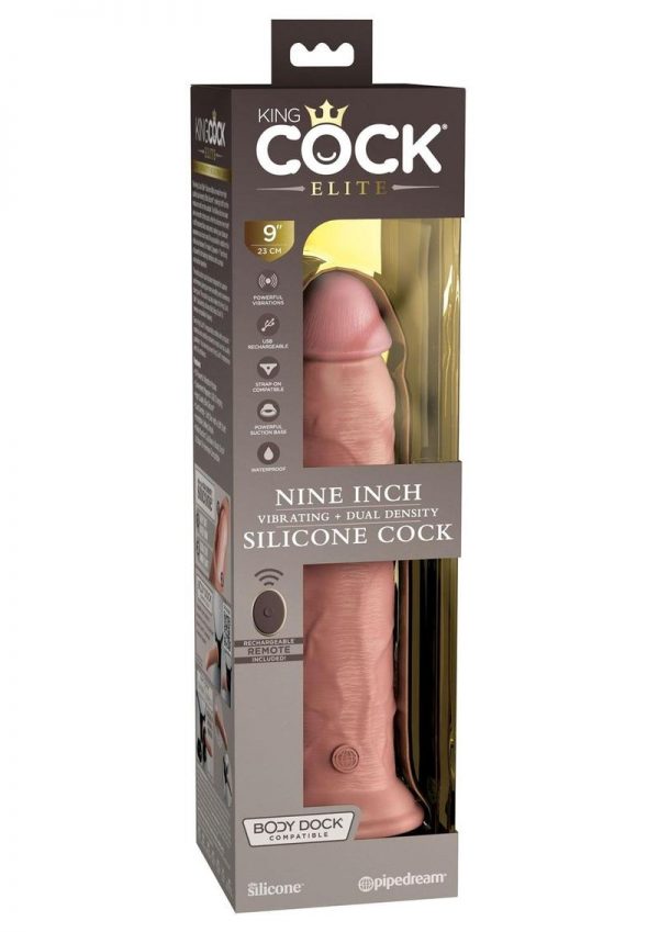 King Cock Elite Dual Density Vibrating Rechargeable Silicone Dildo with Remote Control Dildo 9in - Vanilla