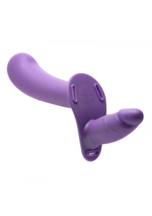 Strap U 28x Rechargeable Silicone 28X Large Double Dildo with Harness andamp; Remote Control - Purple