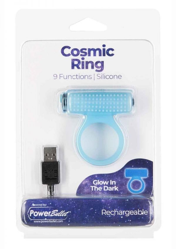 PowerBullet Cosmic Ring Rechargeable Silicone Vibrating Cock Ring - Glow in the Dark Blue