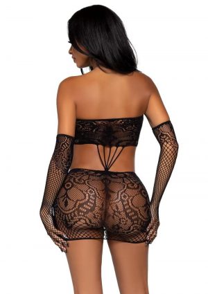 Leg Avenue Strappy Lace Tube Dress and Matching Gloves (2 pieces) - O/S - Black