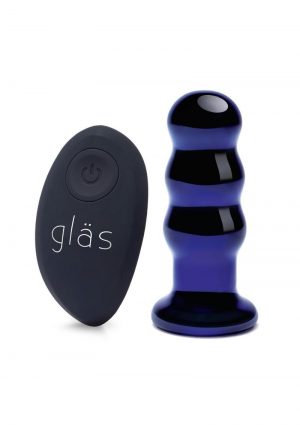 Glas Rechargeable Remote Controlled Vibrating Glass Beaded Buttplug 3.5in - Blue