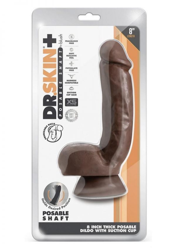 Dr. Skin Plus Thick Posable Dildo with Squeezable Balls 8in - Chocolate