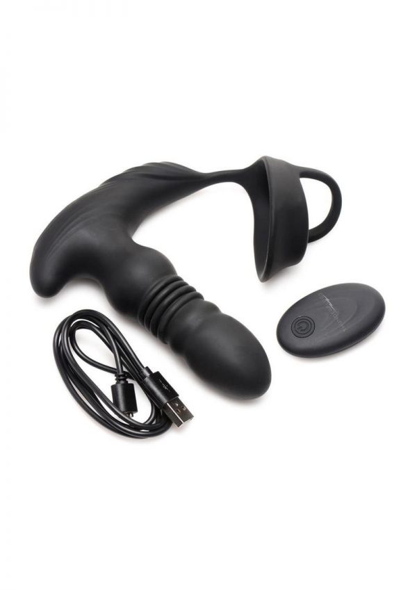 Thunder Plugs Rechargeable 10X Thrusting Silicone Vibrator with Cock andamp; Ball Strap - Black