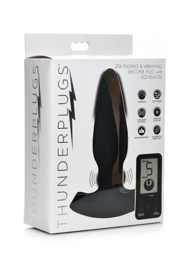 Thunder Plugs 25X Pulsing andamp; Vibrating Rechargeable Silicone Plug with LCD Remote - Black
