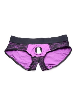 Strap U Lace Envy Lace Crotchless Panty Harness - XXLarge - Purple/Black