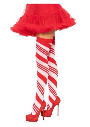 Spandex Sheer Candy Cane Striped Thigh Highs - O/S - Red/White