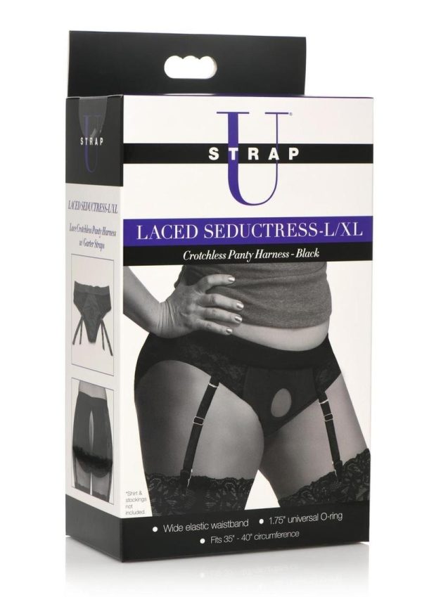 Strap U Laced Seductress Lace Crotchless Panty Harness with Garter Straps - Large/XLarge - Black