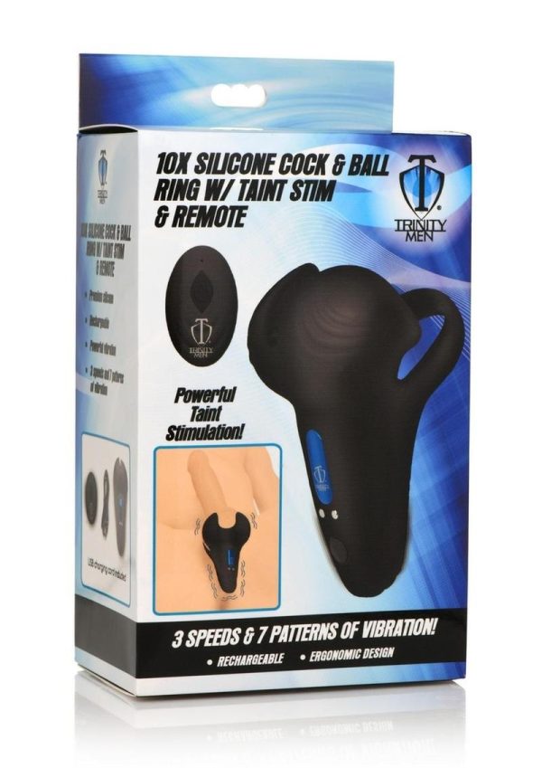 Trinity Men 10X Silicone Cock andamp; Ball Ring with Taint Stim andamp; Remote Control - Black