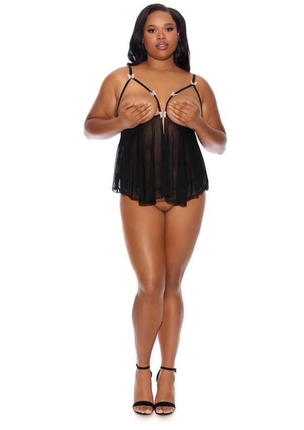 Barely Bare Cupless Babydoll and Open Thong - Plus Size - Black