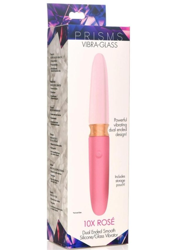 Prisms Vibra-Glass 10X Rose Dual End Rechargeable Silicone/Glass Vibrating Dildo - Pink