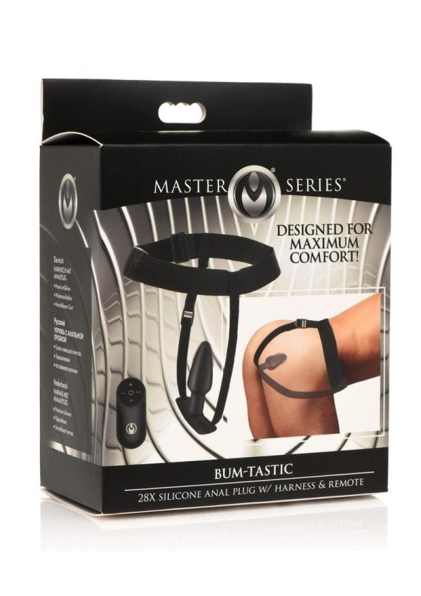 Master Series Bum-Tastic 28X Rechargeable Silicone Anal Plug with Harness andamp; Remote Control - Black
