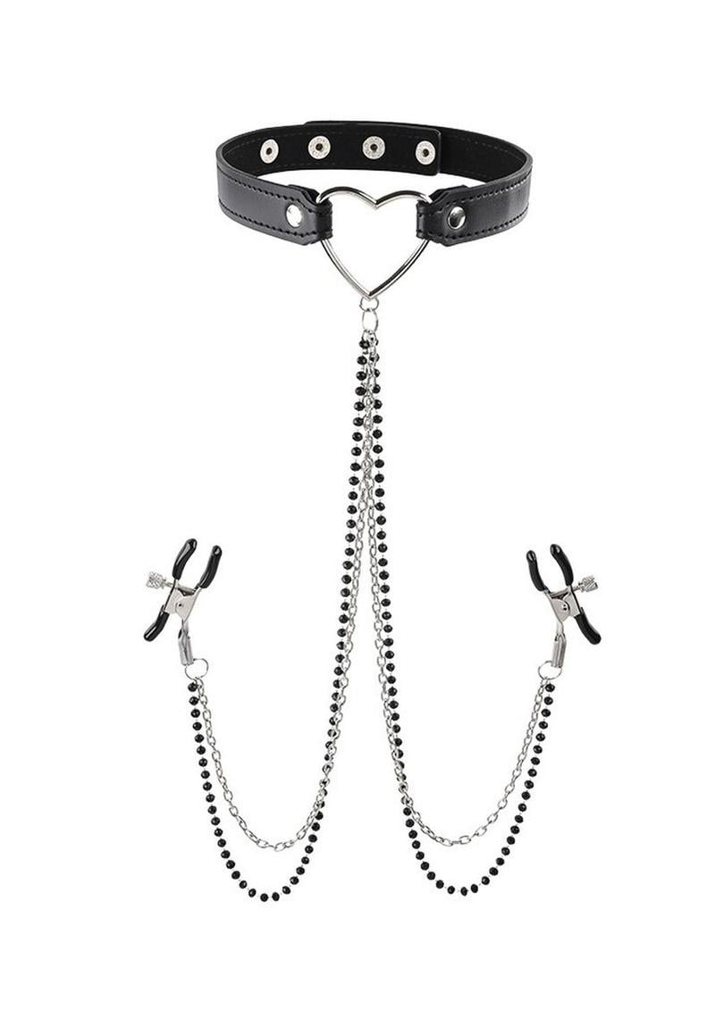 Sex andamp; Mischief Amor Collar with Nipple Clamps - Black/Silver