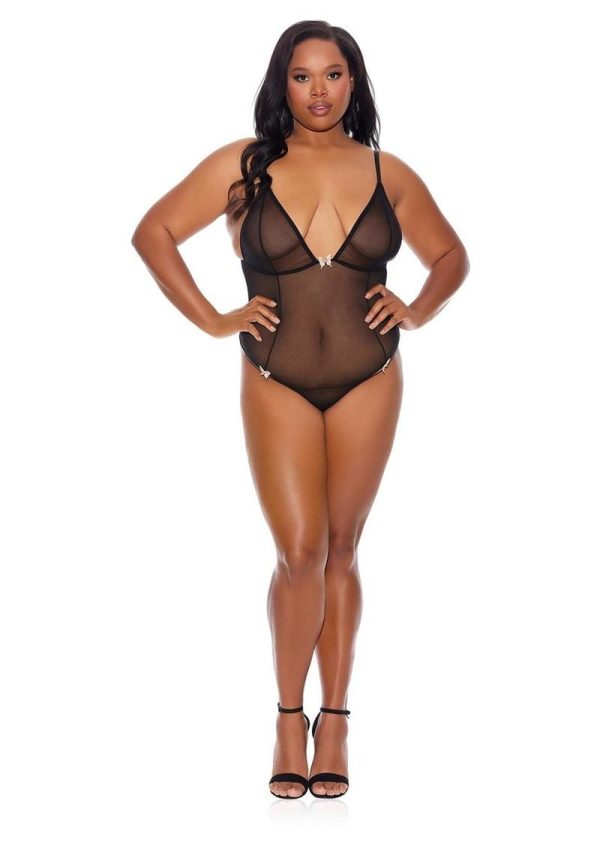 Barely Bare Crotchless Mesh Teddy - Plus Size - Black