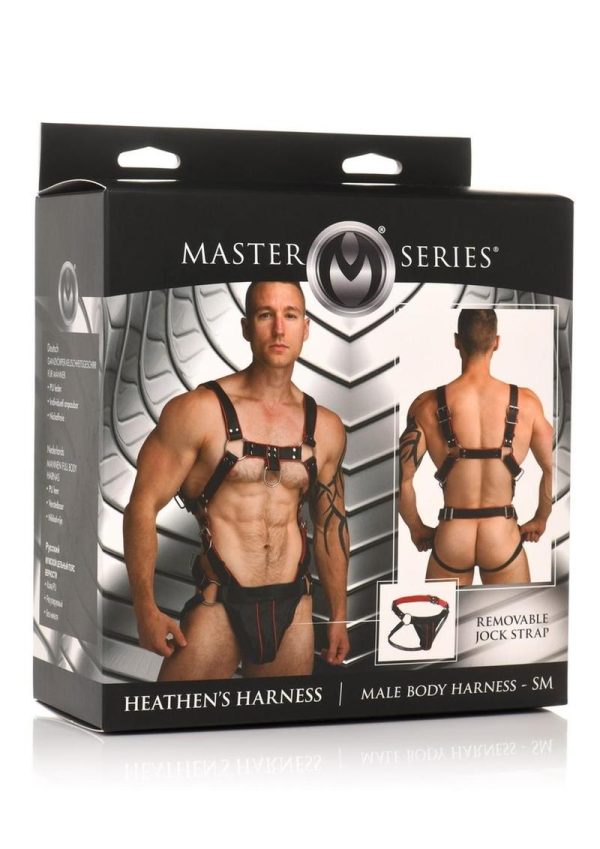 Master Series Heather`s Harness Male Body Harness - Small/Medium - Black/Red