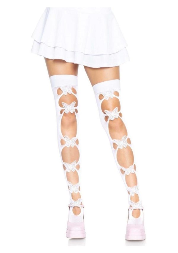 Leg Avenue Opaque Net Cut-Out Butterfly Applique Thigh Highs - O/S - White