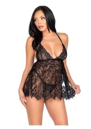 Leg Avenue Floral Lace Babydoll with Eyelash Lace Scalloped Hem Adjustable Cross-Over Straps and G-String Panty - Large - Black