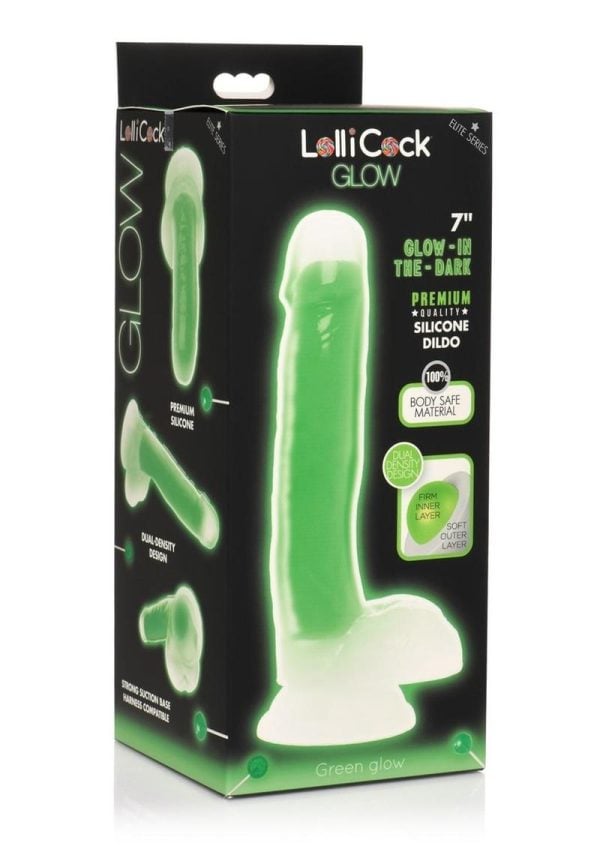 Lollicock Glow in the Dark Silicone Dildo with Balls 7in - Green