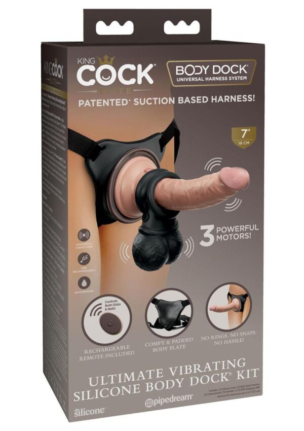 King Cock Elite Ultimate Vibrating Rechargeable Silicone Body Dock Kit with Vibrating Crown Jewels and Remote Control Dildo 8in - Vanilla/Black
