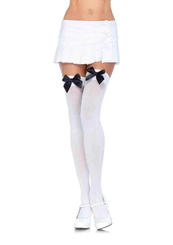 Leg Avenue Nylon Over The Knee with Bow - O/S - White/Black