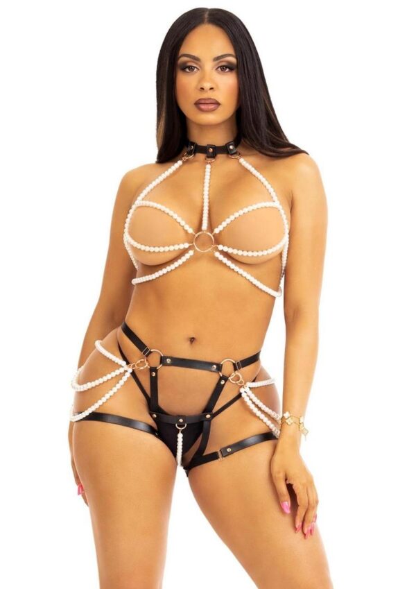 Leg Avenue Faux Pearl Multi Strand Halter Harness with O-Ring Detail and Convertible Vegan Leather Butt Harness (2 Piece) - Medium - Black/White