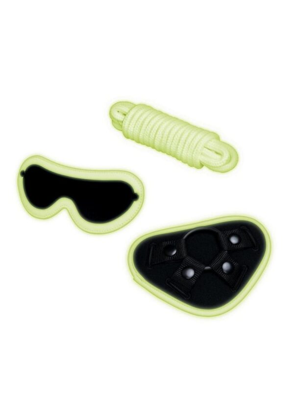 WhipSmart Glow in the Dark Strap-On Harness Set with Eye Mask and Bondage Rope (4 Piece) - Green