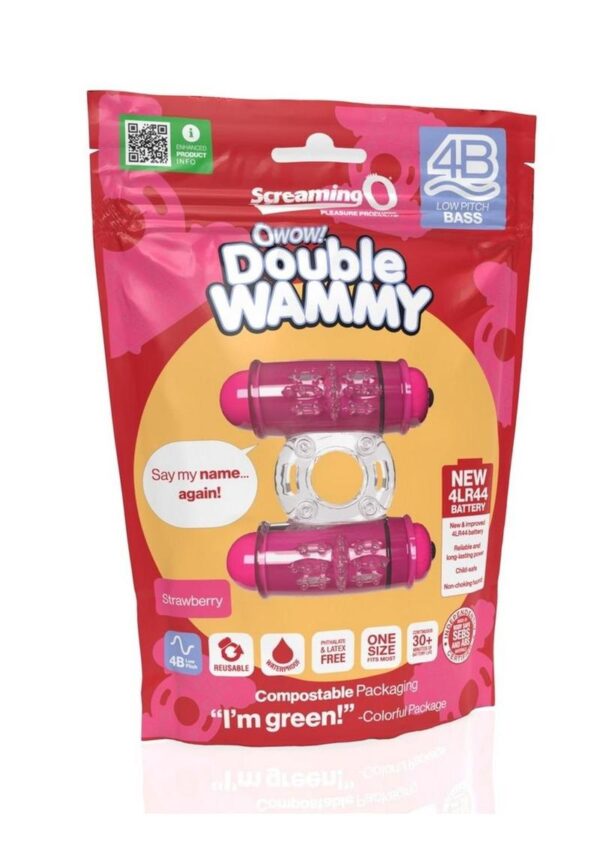 4B Double Wammy Silicone Rechargeable Dual Vibrating Couples Cock Ring - Strawberry