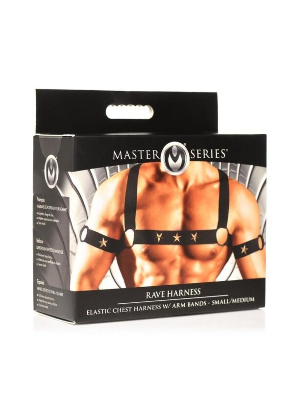 Master Series Rave Harness Elastic Chest Harness with Arm Bands - Small/Medium - Black/Gold