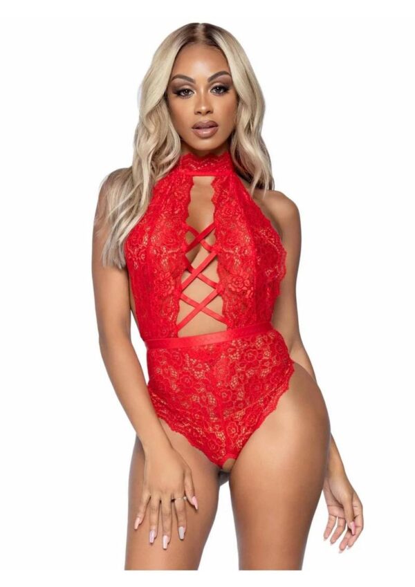 Leg Avenue High Neck Floral Lace Backless Teddy with Lace Up Accents and Crotchless Thong Panty - Small - Red