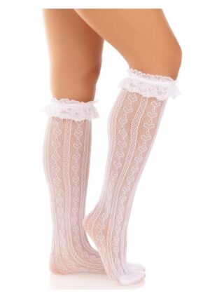 Leg Avenue Sweetheart Knit Knee Highs with Lace Ruffle Cuff - O/S - White