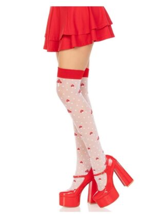 Leg Avenue Spandex Sheer Polka Dot Mushroom Thigh Highs - O/S - White/Red